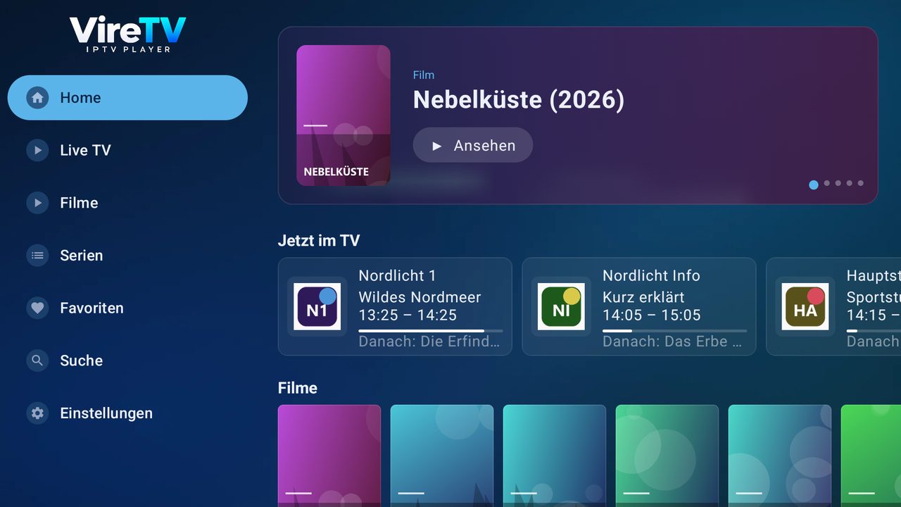 VireTV Startseite mit Hero-Banner und Live-TV-Karten